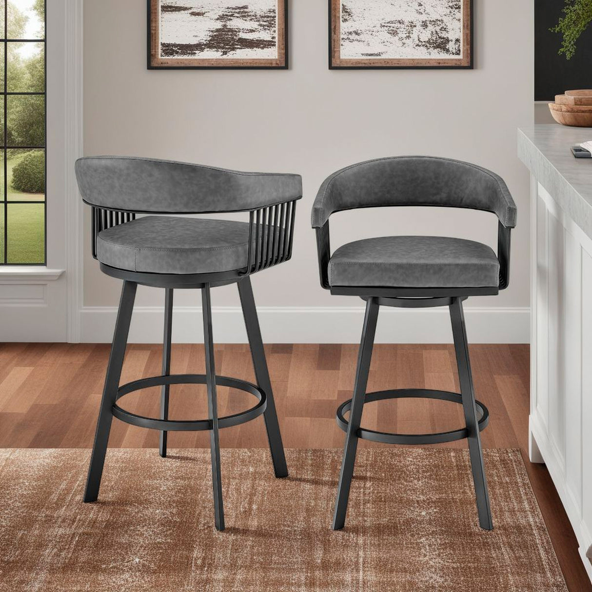 A room setting featuring Chelsea Vintage Gray Swivel Counter Stool