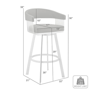 Detail image of Chelsea Vintage Gray Swivel Bar Stool with overlay of product dimensions
