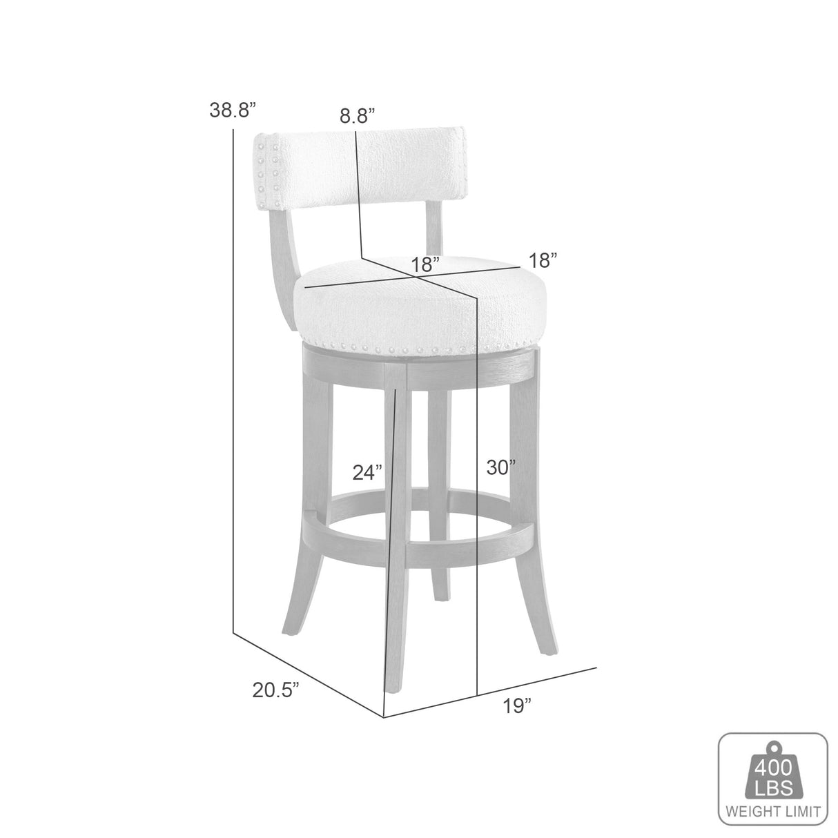 Detail image of Mystic Toffee Swivel Bar Stool with overlay of product dimensions