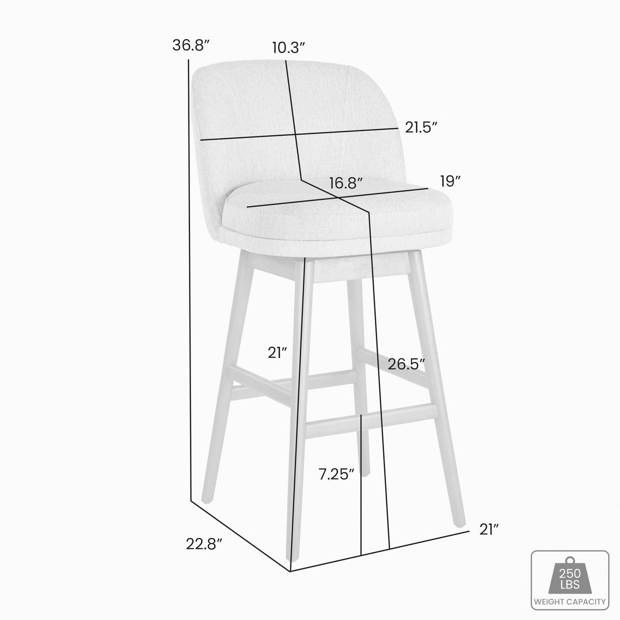 Detail image of Sadie Taupe Swivel Counter Stool with overlay of product dimensions