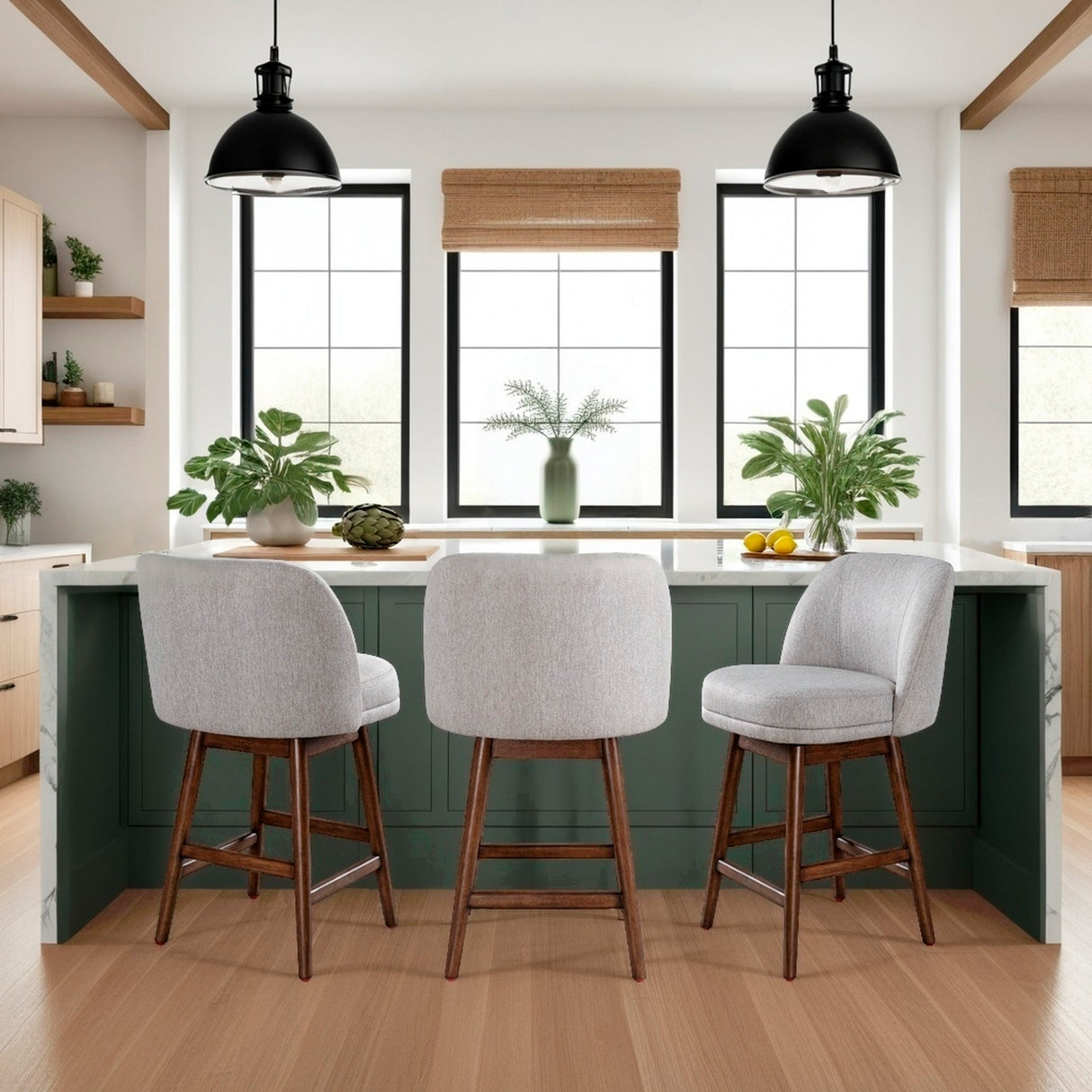 A room setting featuring Sadie Taupe Swivel Counter Stool