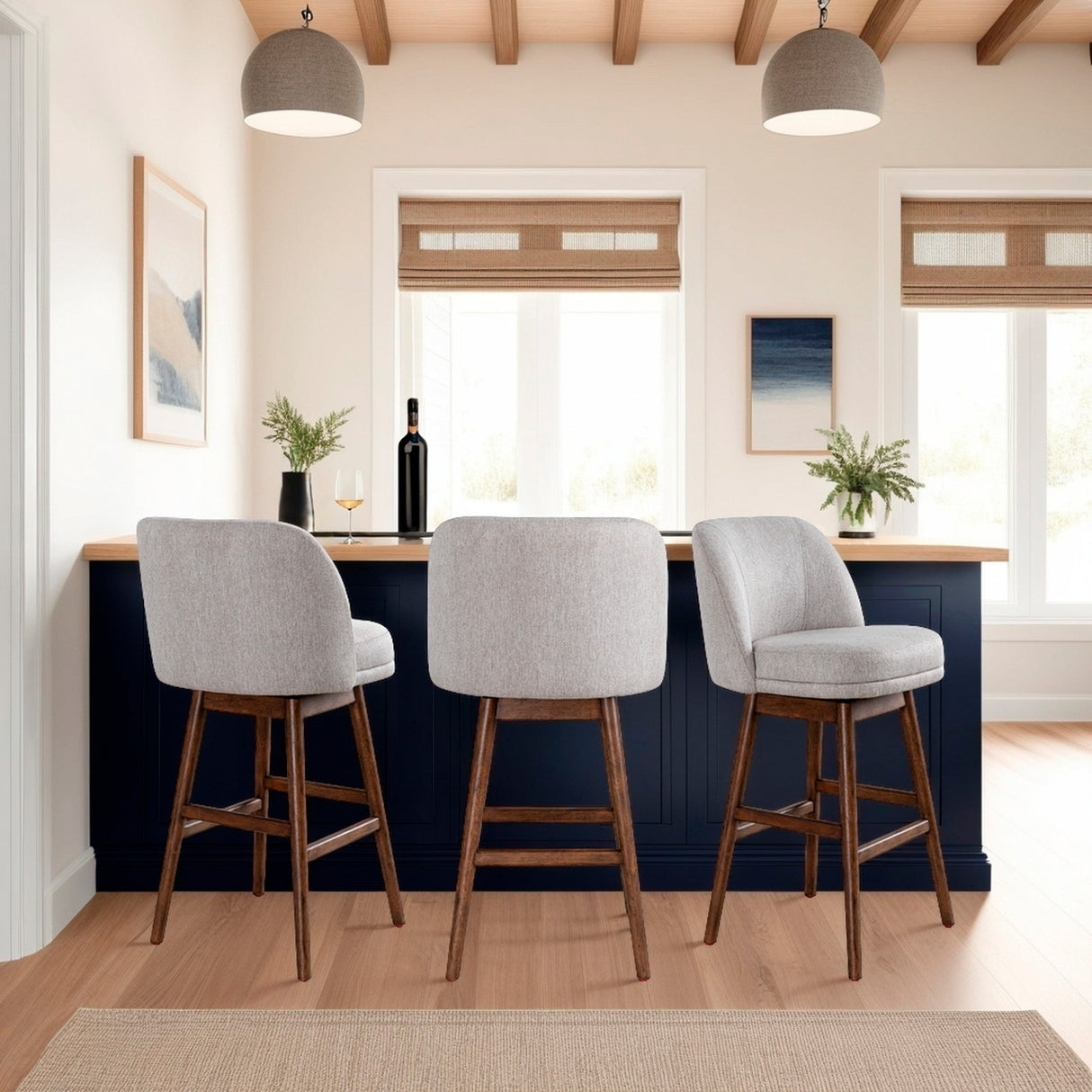 A room setting featuring Sadie Taupe Swivel Bar Stool