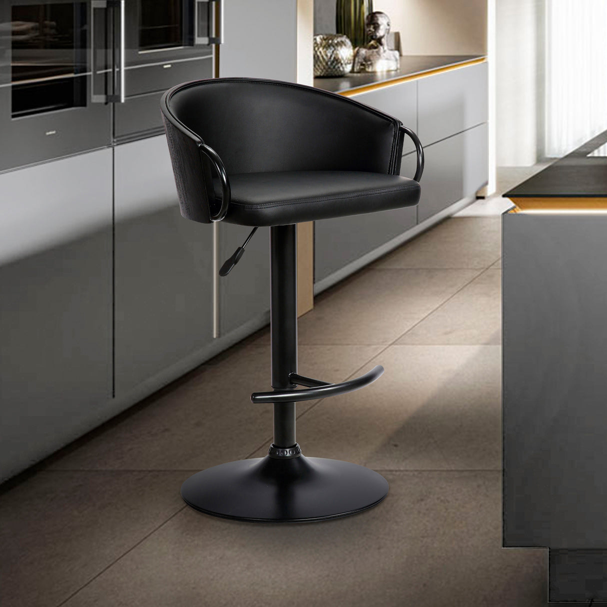 A room setting featuring Montego Black Adjustable Bar Stool