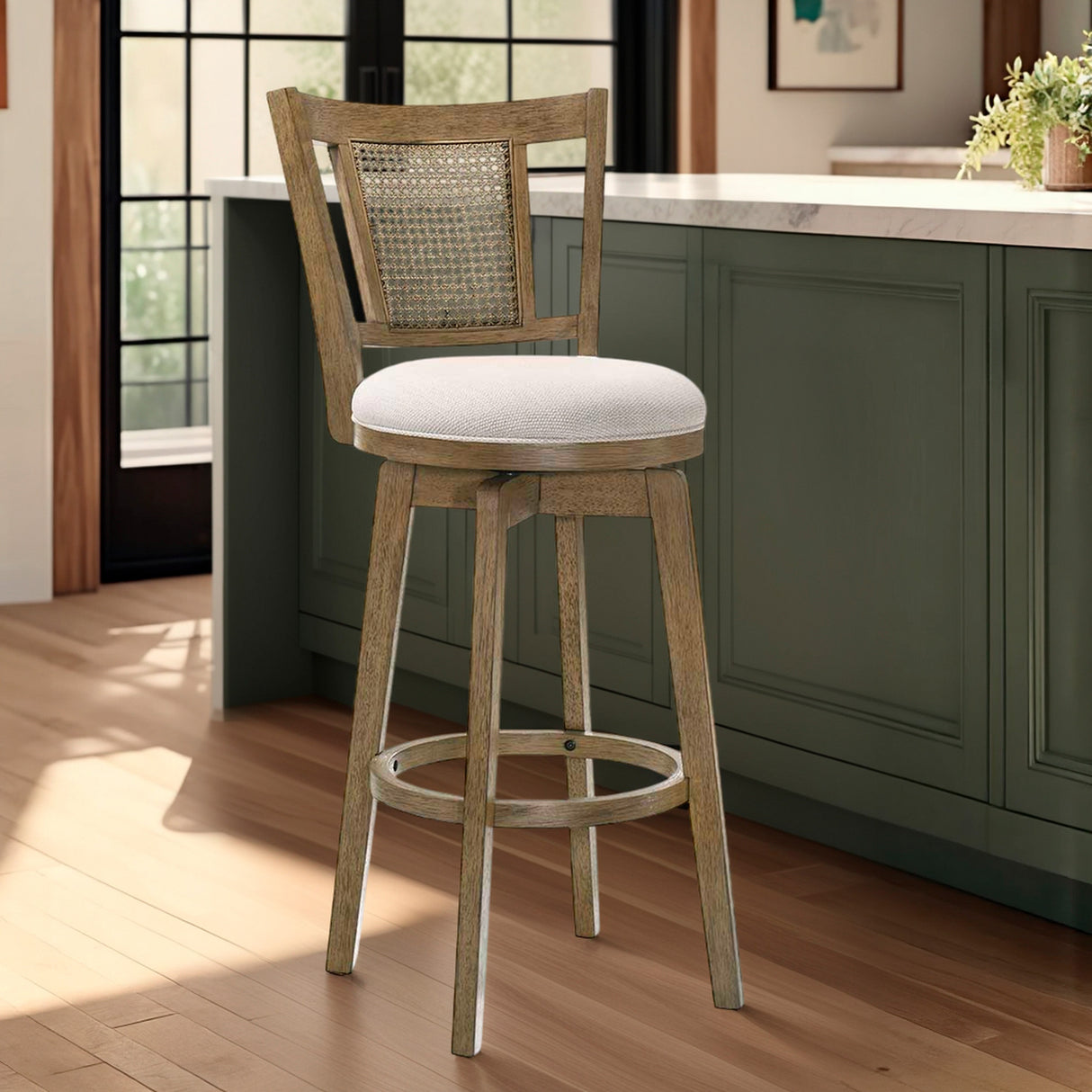 A room setting featuring Isla Wheat Swivel Counter Stool