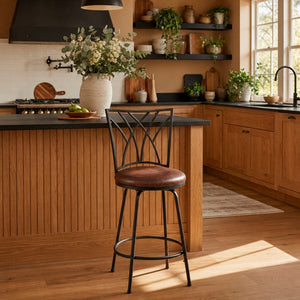 A room setting featuring Hurley Rustic Brown Swivel Counter Stool