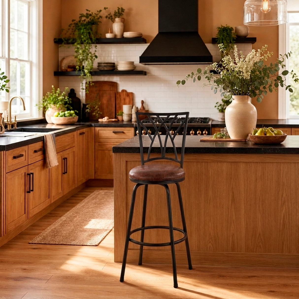 A room setting featuring Hurley Rustic Brown Swivel Bar Stool