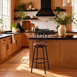 A room setting featuring Hurley Rustic Brown Swivel Bar Stool