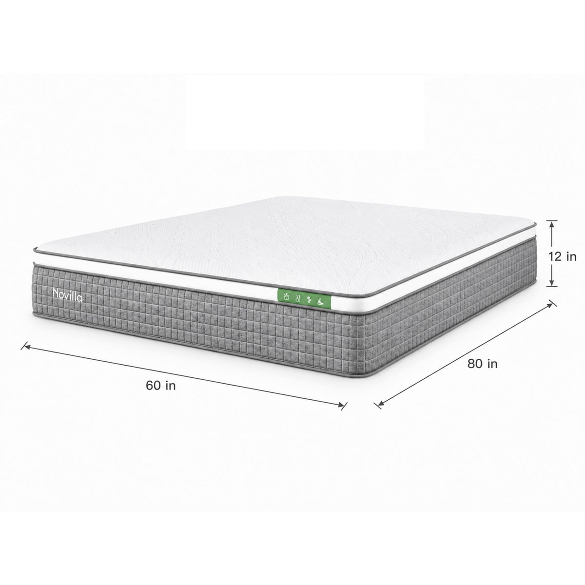 Detail image of Luna Apex Plus 12 Inch Hybrid Queen Mattress with overlay of product dimensions