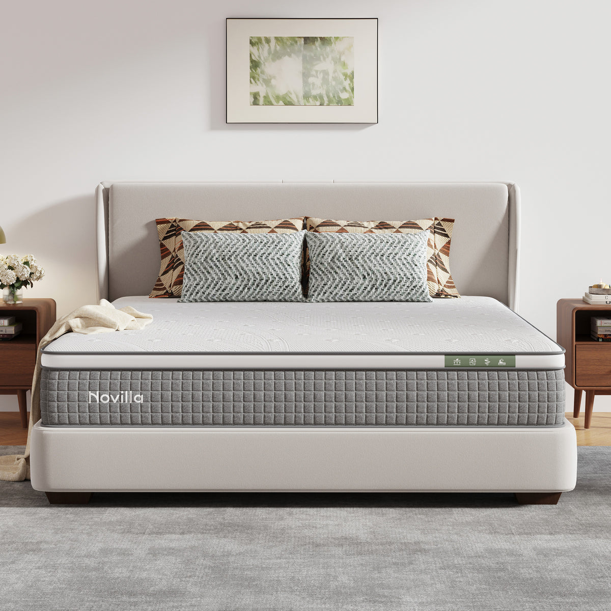 A room setting featuring Luna Apex Plus 12 Inch Hybrid King Mattress