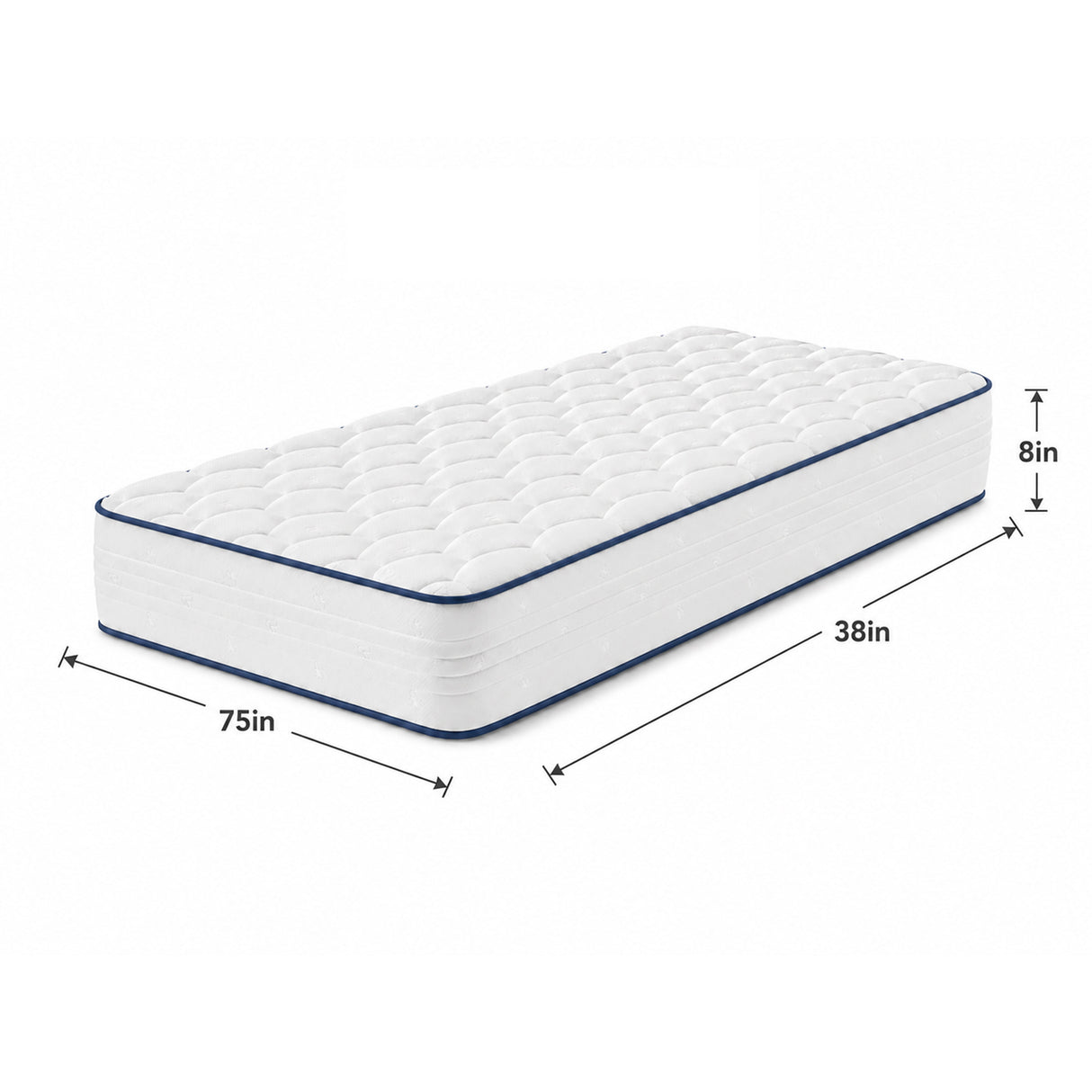 Detail image of Luna Shift Plus 8 Inch Hybrid Twin Mattress with overlay of product dimensions