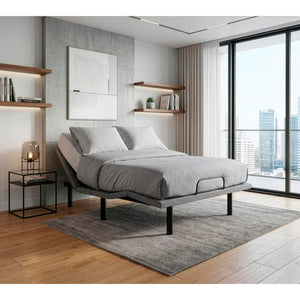 A room setting featuring Flexx Premium Charcoal Queen Adjustable Base