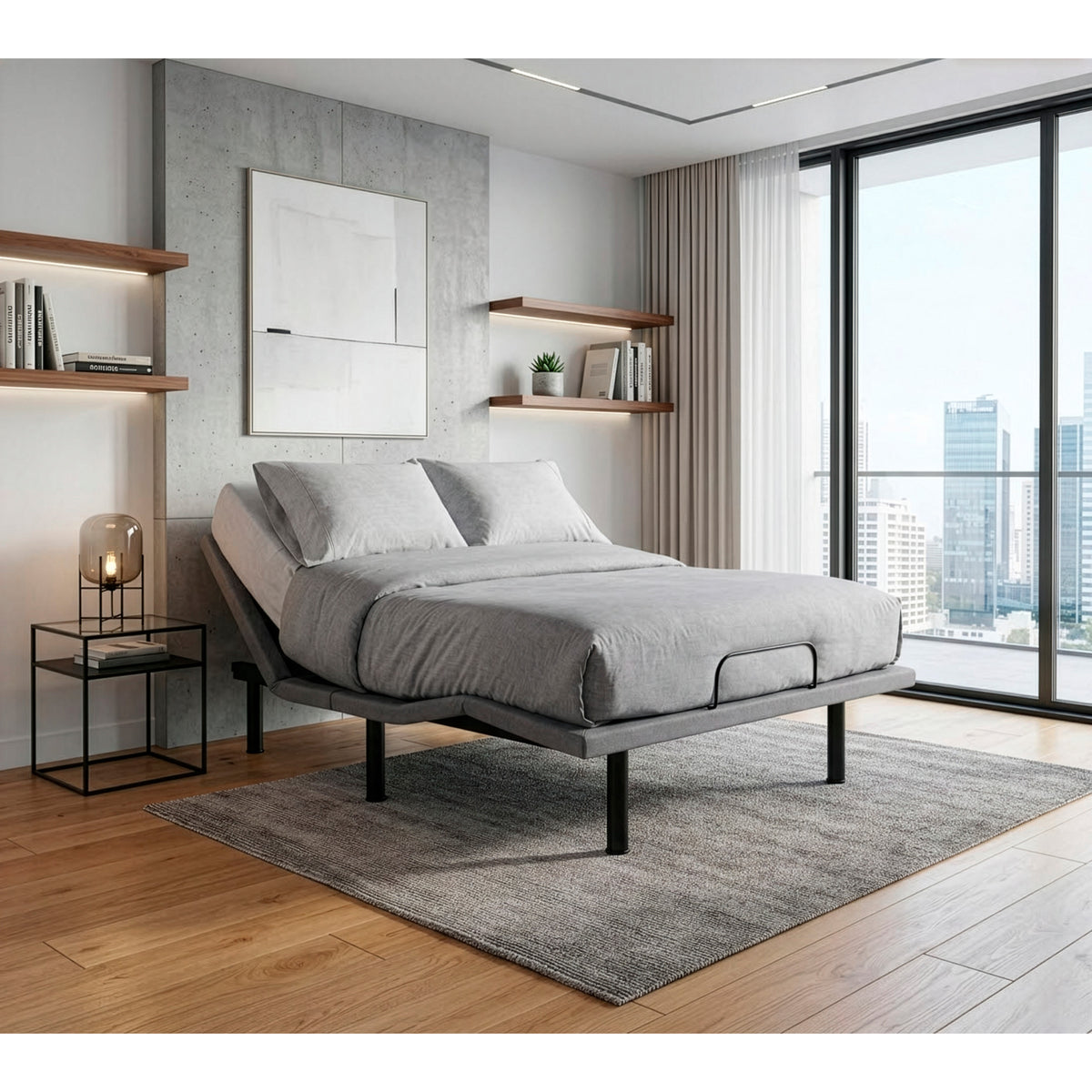 A room setting featuring Flexx Premium Charcoal King Adjustable Base