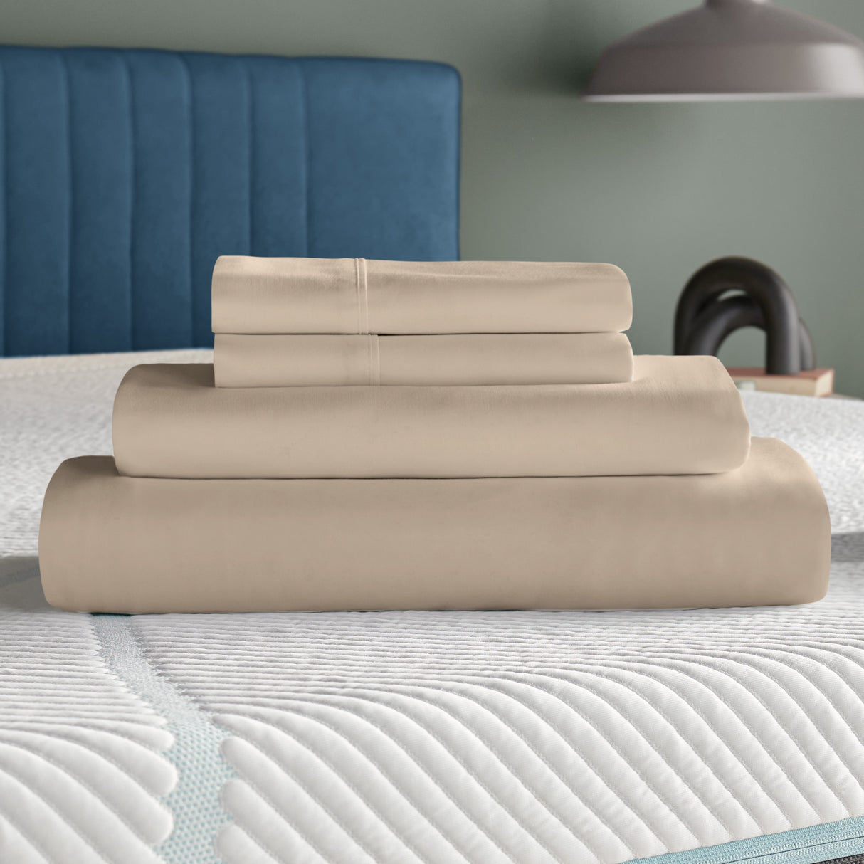A room setting featuring Tempur-Adapt Sandstone Queen Luxe Egyptian Cotton Pillowcases