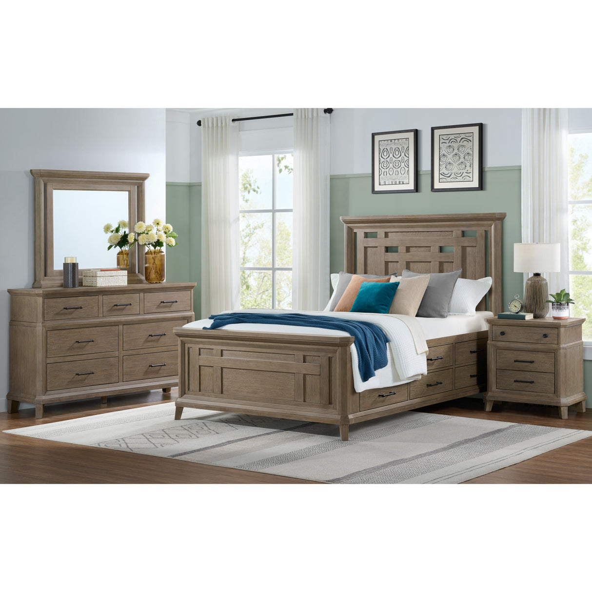 A room setting featuring Acorn Hill Taupe Queen 4 Piece Storage Room Group