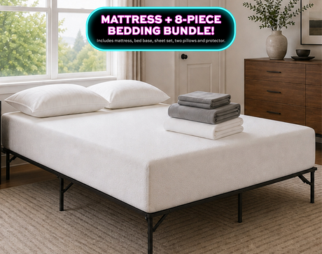 A room setting featuring Luna 8 Inch Hybrid Queen Bedding Bundle
