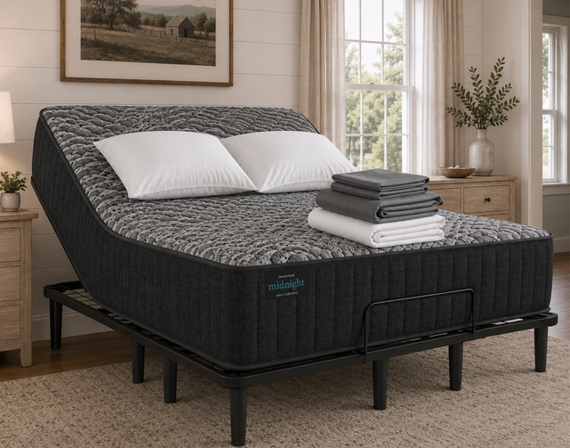 An adjustable bed frame with a dark gray patterned mattress, styled with two white pillows and folded gray and white towels, set in a bright bedroom with a black metal bed frame. A black banner at the top reads 'BLACK FRIDAY' in glowing blue text.