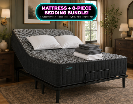 Room setting 2 featuring Slumberland Midnight Select Medium Tight Top Queen Bedding Bundle