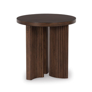 Front right view of Korestone Brown Round End Table