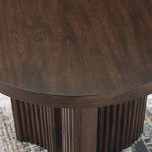 Detail view of Korestone Brown Round End Table