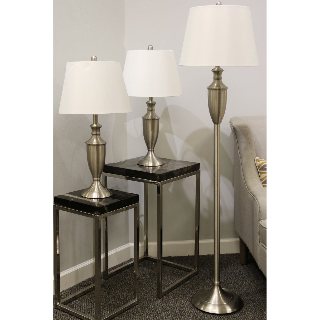 A room setting featuring Classic Brushed Steel Set of 3 Lamps