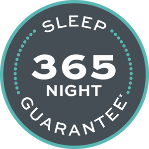 Circular logo with 'Sleep 365 Night Guarantee' text on a dark gray background