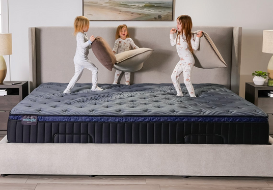 Children playing on a mattress in a bedroom setting
