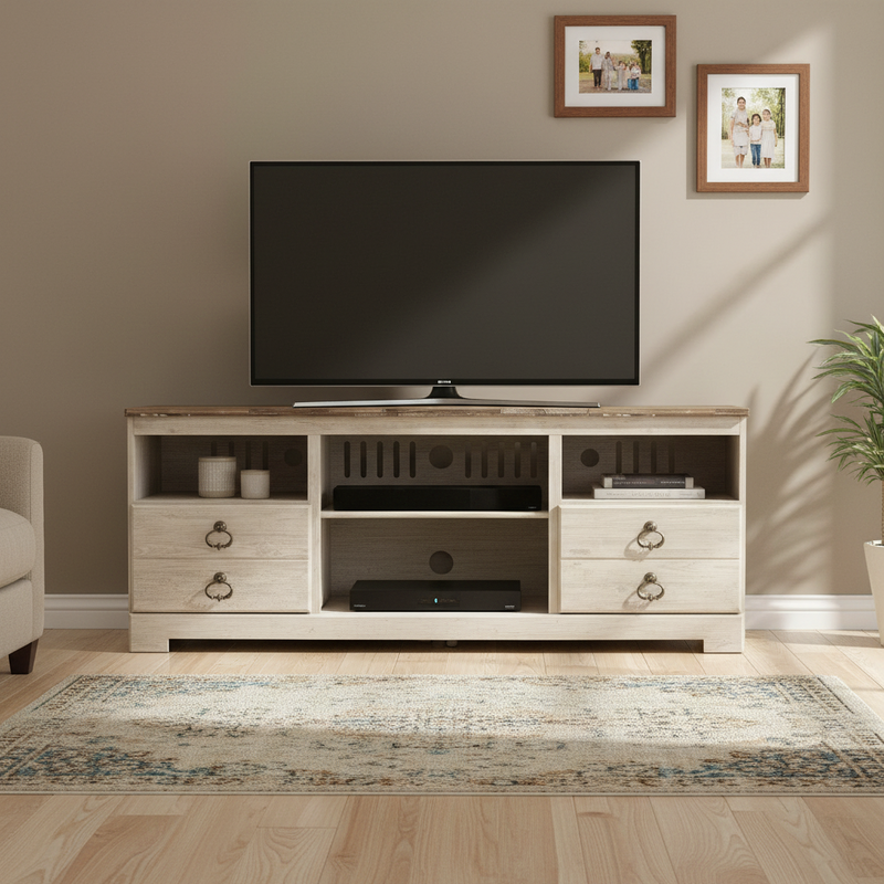 TV on a wooden stand in a living room with a beige wall and rug.