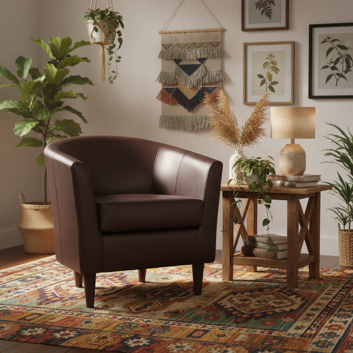 Cozy living room with a brown armchair, wooden side table, and decorative elements.