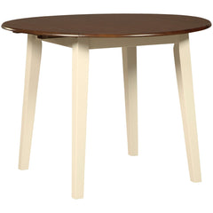 A round, two-tone dining table with a brown wooden top and white legs.