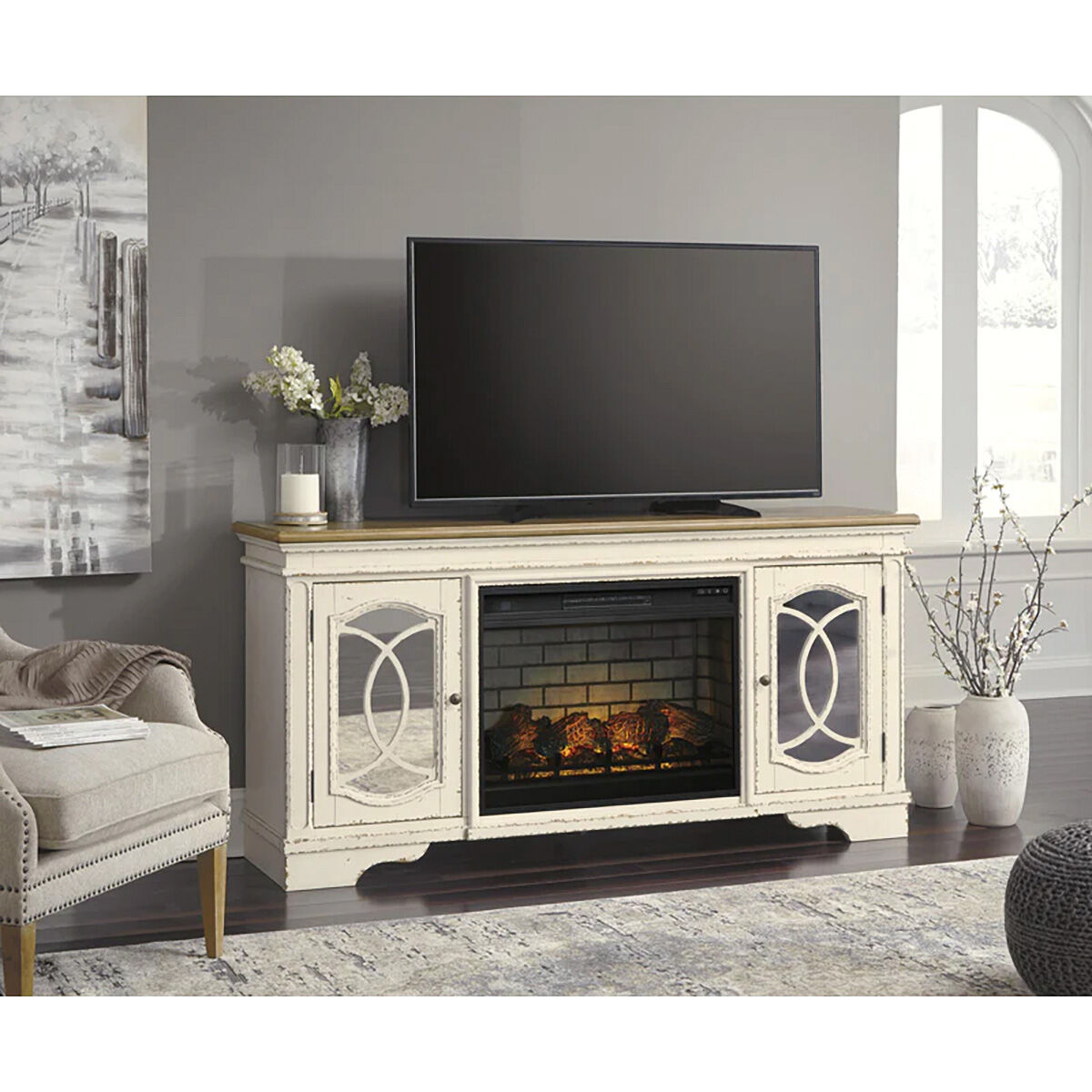 Realyn 74 Inch Fireplace Console - QK1059312_ASHL_LF1_RM