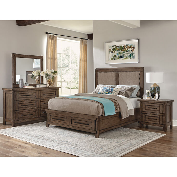 Patches Gray Brown Queen Upholstered Storage Bed