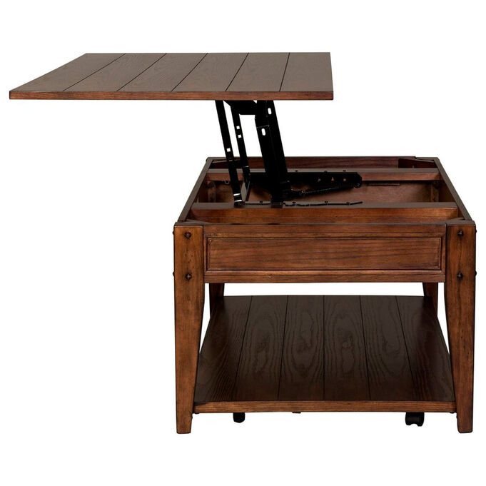 Lake House Rustic Brown Oak Lift Top Cocktail Table