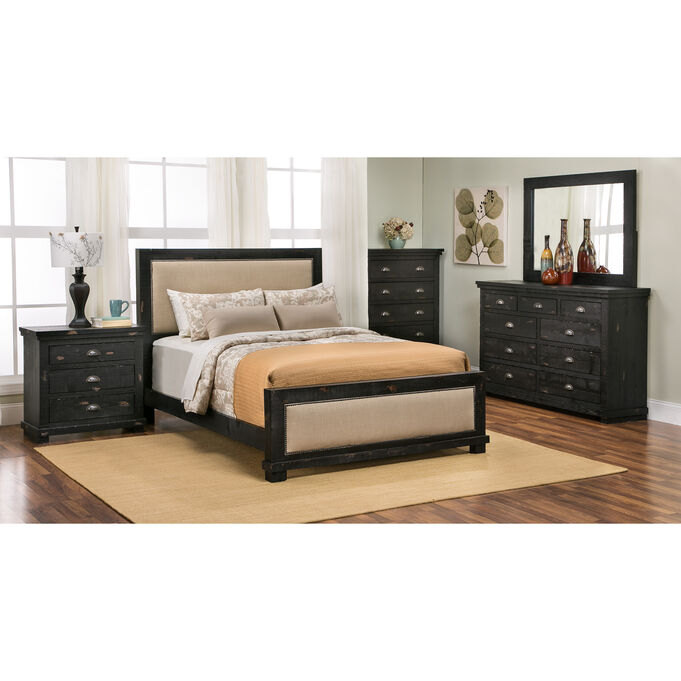 Progressive Furniture | Willow Distressed Black King Upholstered 4 Piece Room Group