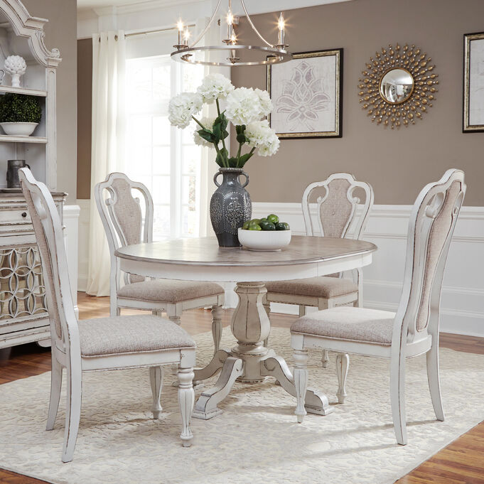 Liberty Furniture | Magnolia Manor White 5 Piece Upholstered Pedestal Dining Set