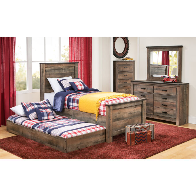 Trinell Rustic Plank Twin Panel Bed with Twin Trundle