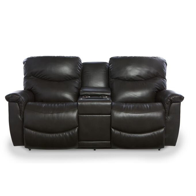 James Charcoal Leather Tri-Power Reclining Console Loveseat