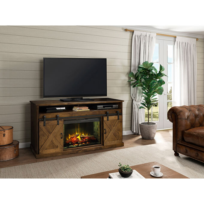 Farmhouse Aged Whiskey 66 Inch Fireplace Console