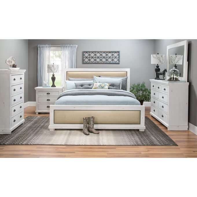 Progressive Furniture | Willow Distressed White Queen Upholstered 4 Piece Room Group